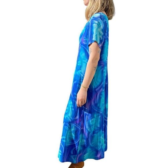 Vintage 90s Womens 100% Silk Blue Tie Dye Maxi Scoop Neck Boho Beach Dress Sz L - Picture 6 of 9